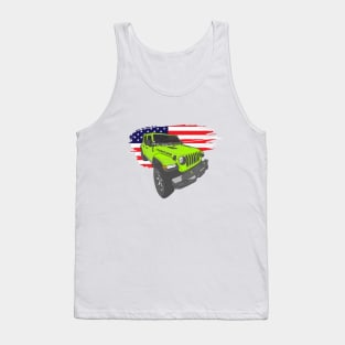 Jeep Wrangler with American Flag - Green Tank Top